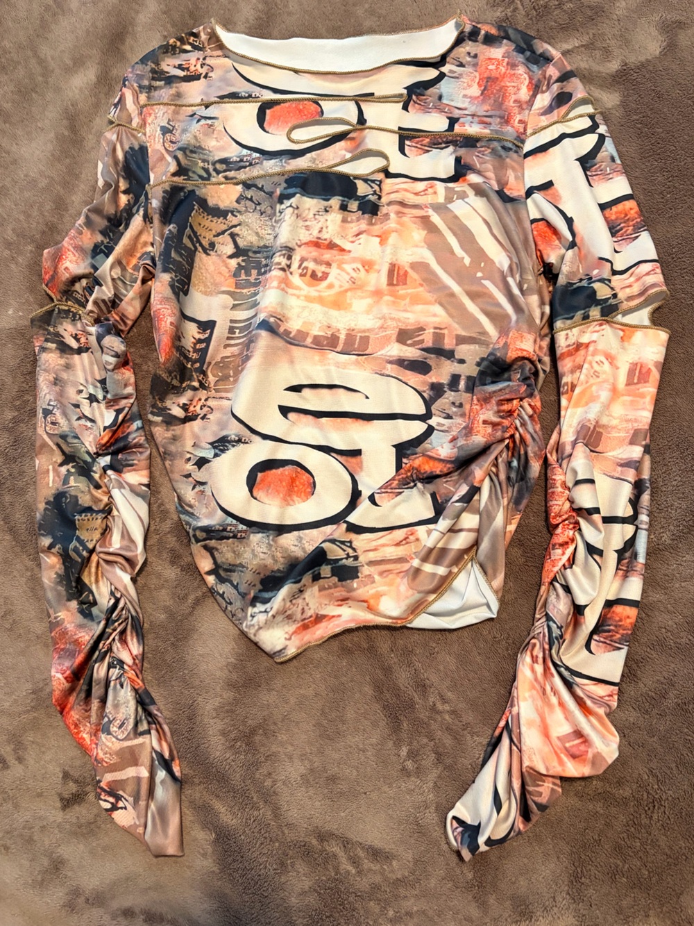 Abstract Logo Print Long Sleeve Crop Top - Coral, Black, Cream